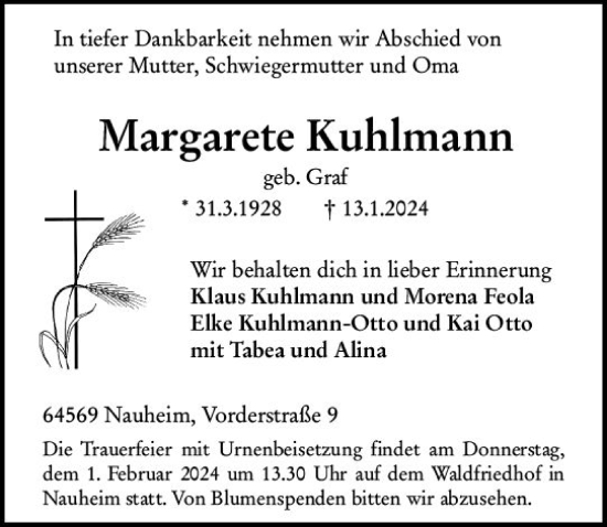 Traueranzeige von Margarete Kuhlmann von Groß-Gerauer Echo