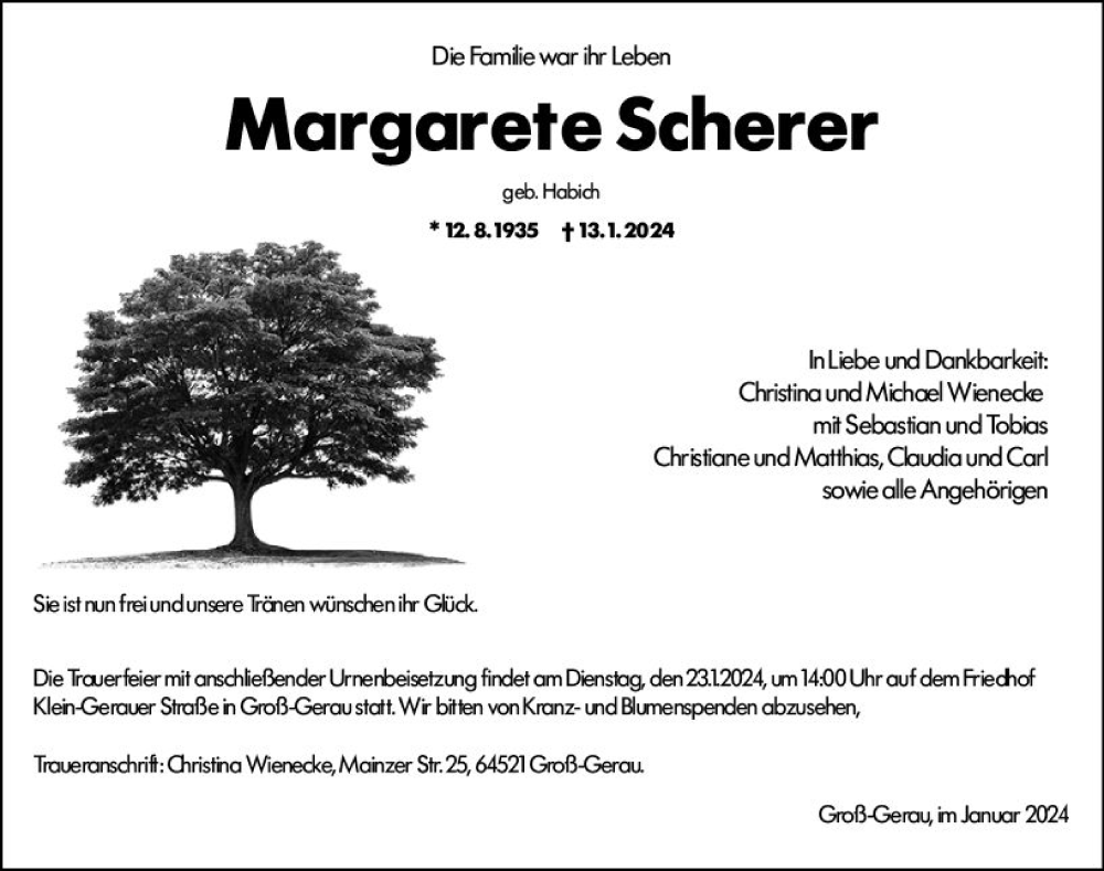  Traueranzeige für Margarete Scherer vom 20.01.2024 aus Groß-Gerauer Echo