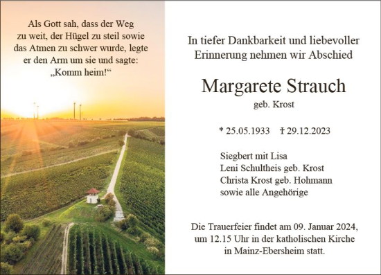 Traueranzeige von Margarete Strauch von Allgemeine Zeitung Mainz