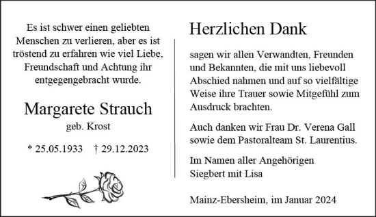 Traueranzeige von Margarete Strauch von Allgemeine Zeitung Mainz