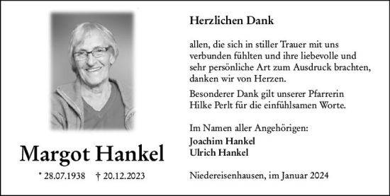 Traueranzeige von Margot Hankel von Hinterländer Anzeiger