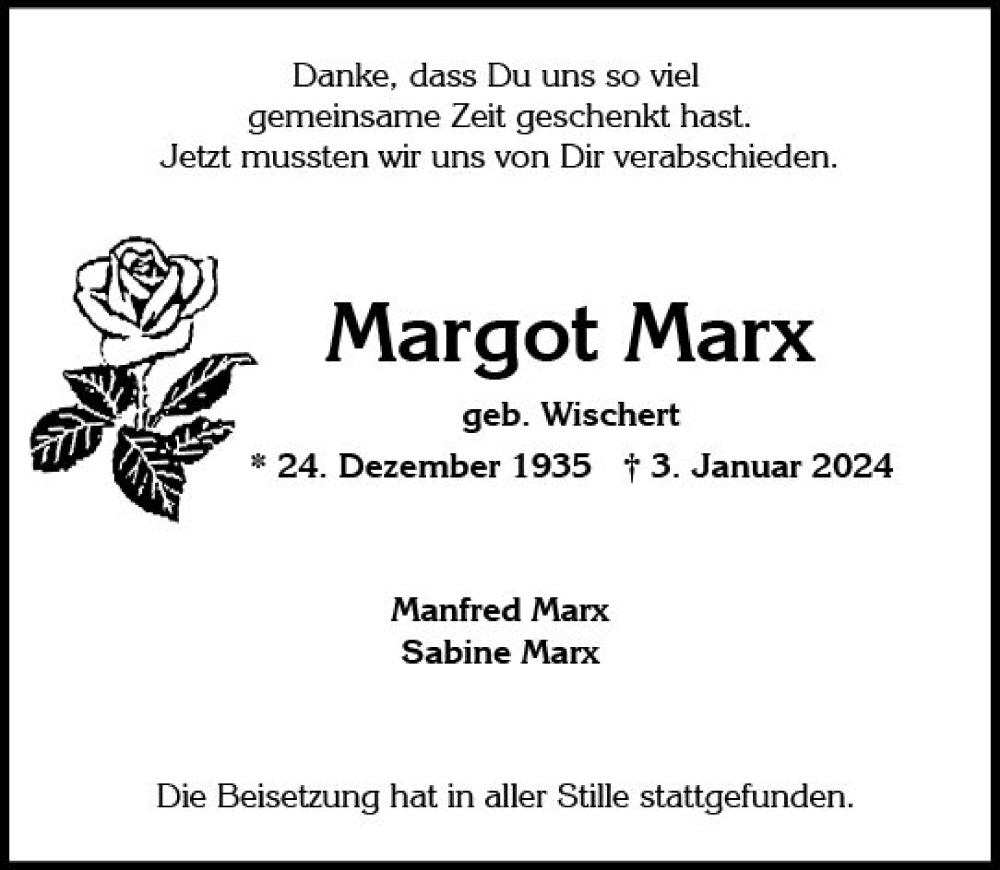  Traueranzeige für Margot Marx vom 27.01.2024 aus Wiesbadener Kurier