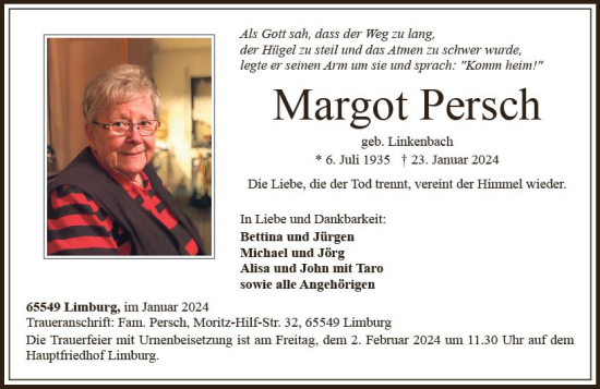 Traueranzeige von Margot Persch von Nassauische Neue Presse
