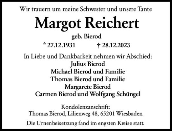 Traueranzeige von Margot Reichert von Wiesbadener Kurier