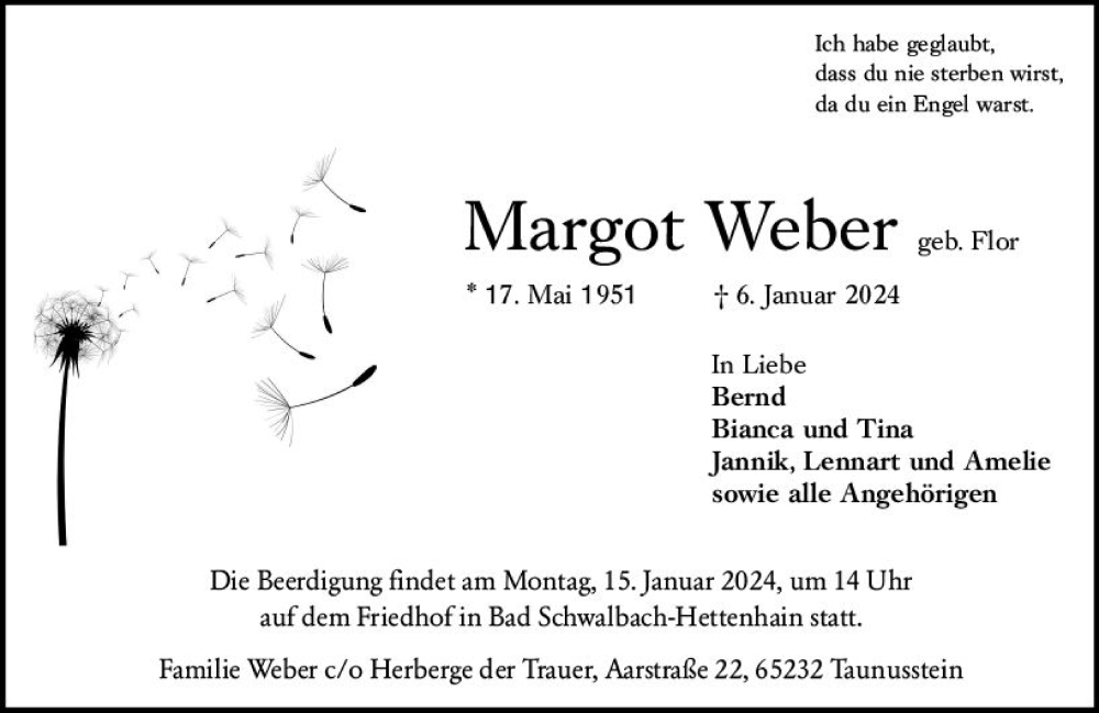  Traueranzeige für Margot Weber vom 13.01.2024 aus Idsteiner Land/Untertaunus