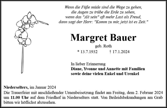 Traueranzeige von Margret Bauer von Nassauische Neue Presse