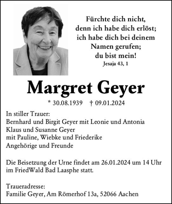 Traueranzeige von Margret Geyer von Hinterländer Anzeiger