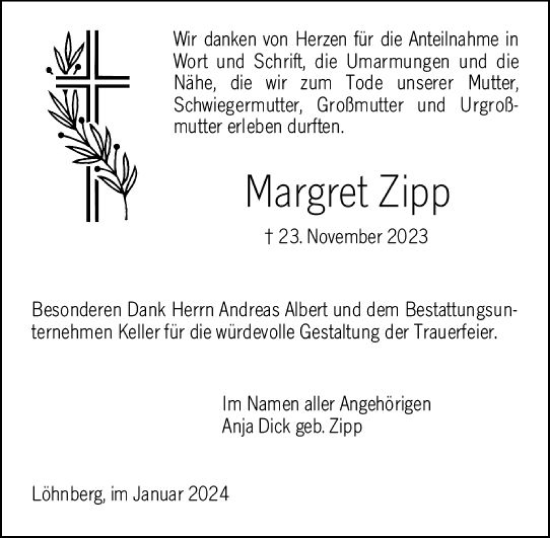 Traueranzeige von Margret Zipp von Weilburger Tageblatt