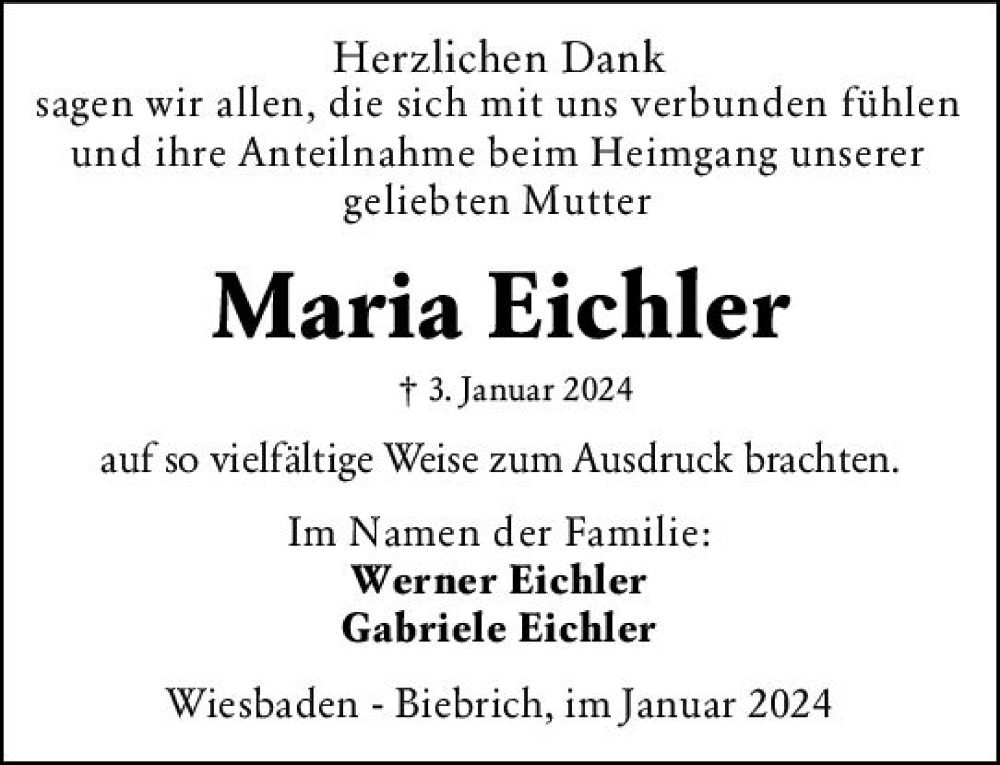  Traueranzeige für Maria Eichler vom 27.01.2024 aus Wiesbadener Kurier