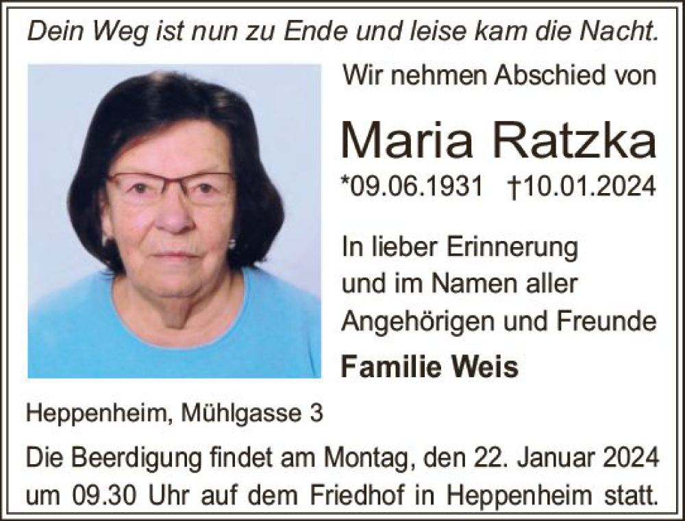  Traueranzeige für Maria Ratzka vom 19.01.2024 aus Starkenburger Echo