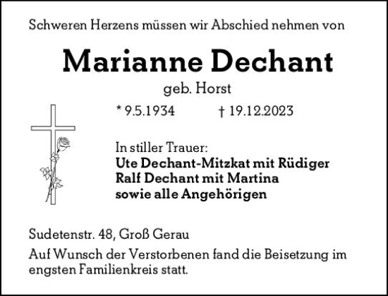 Traueranzeige von Marianne Dechant von Groß-Gerauer Echo
