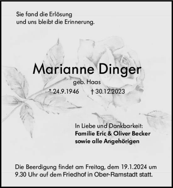 Traueranzeige von Marianne Dinger von Darmstädter Echo