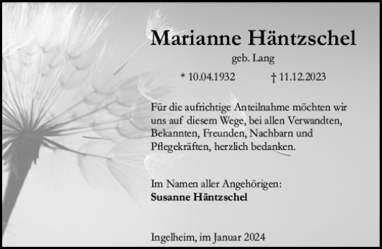 Traueranzeige von Marianne Häntzschel von Allgemeine Zeitung Bingen/Ingelheim