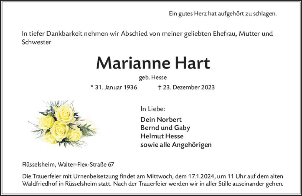  Traueranzeige für Marianne Hart vom 13.01.2024 aus Rüsselsheimer Echo