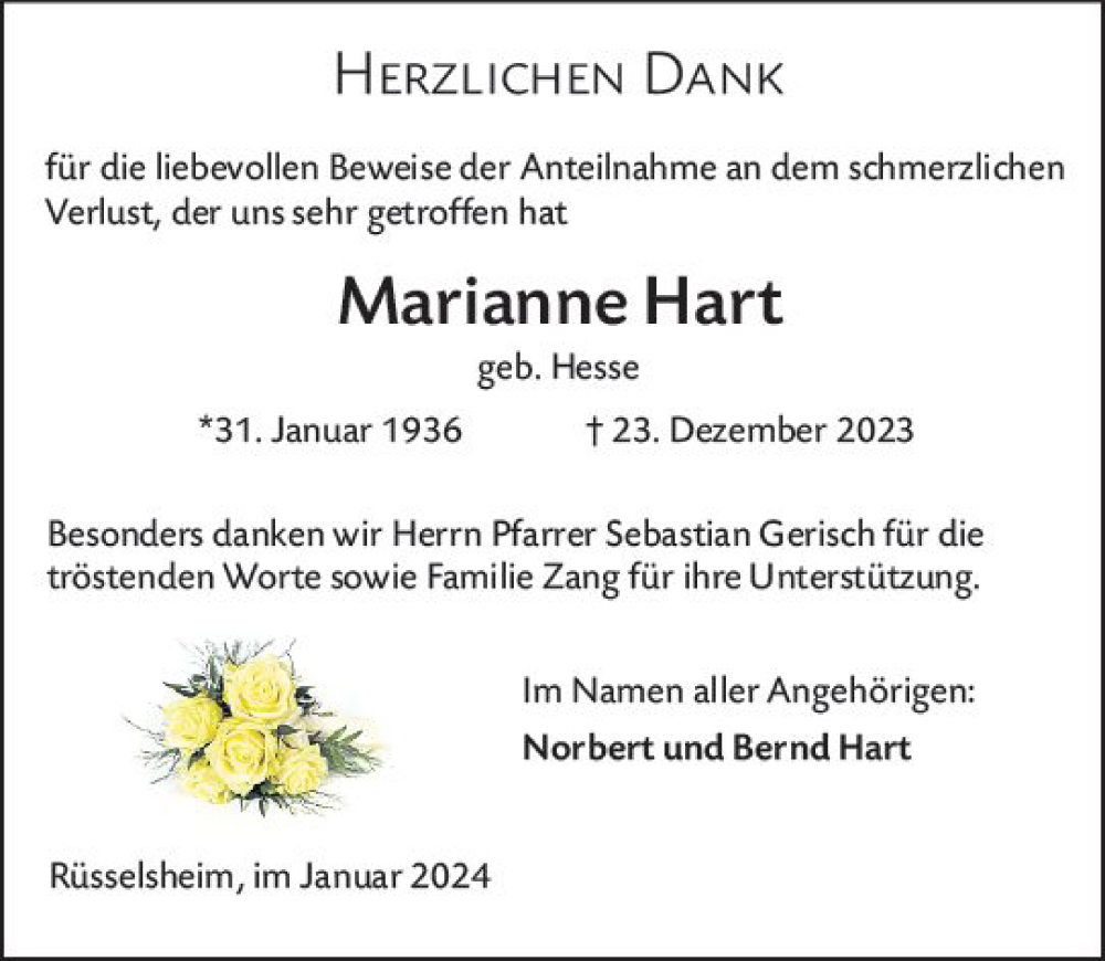 Traueranzeige für Marianne Hart vom 27.01.2024 aus Rüsselsheimer Echo