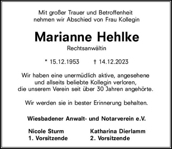 Traueranzeige von Marianne Hehlke von Wiesbadener Kurier