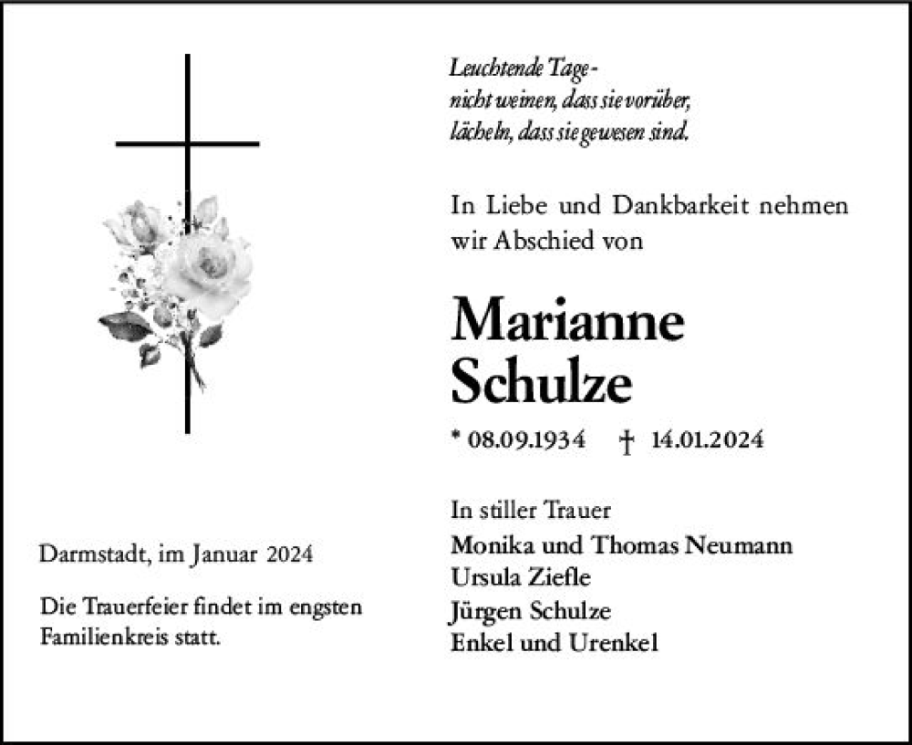  Traueranzeige für Marianne Schulze vom 27.01.2024 aus Darmstädter Echo