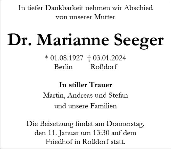 Traueranzeige von Marianne Seeger von Darmstädter Echo