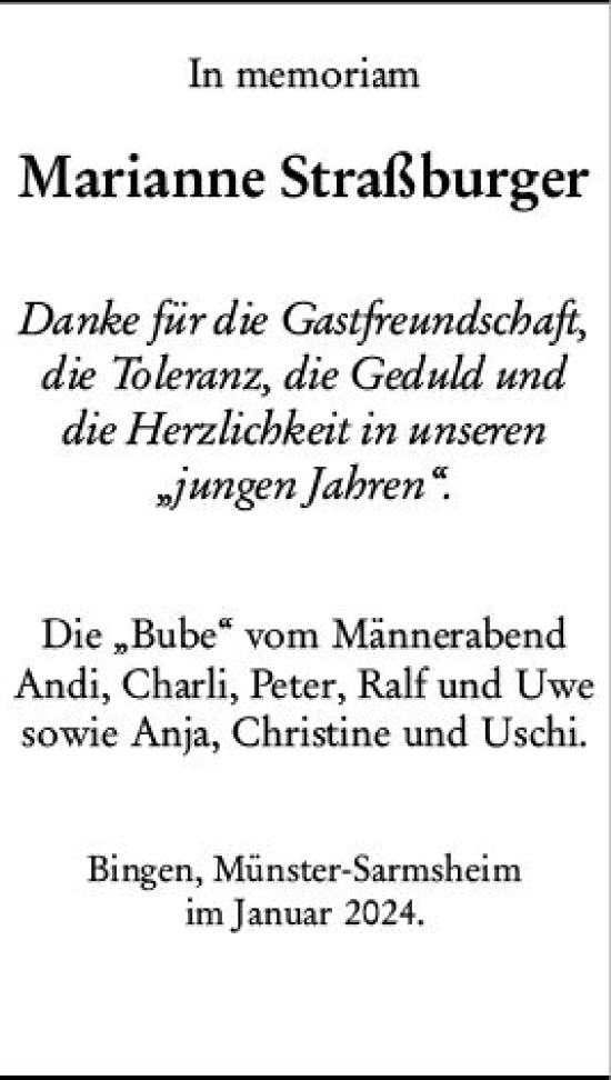 Traueranzeige von Marianne Straßburger von Allgemeine Zeitung Bingen/Ingelheim
