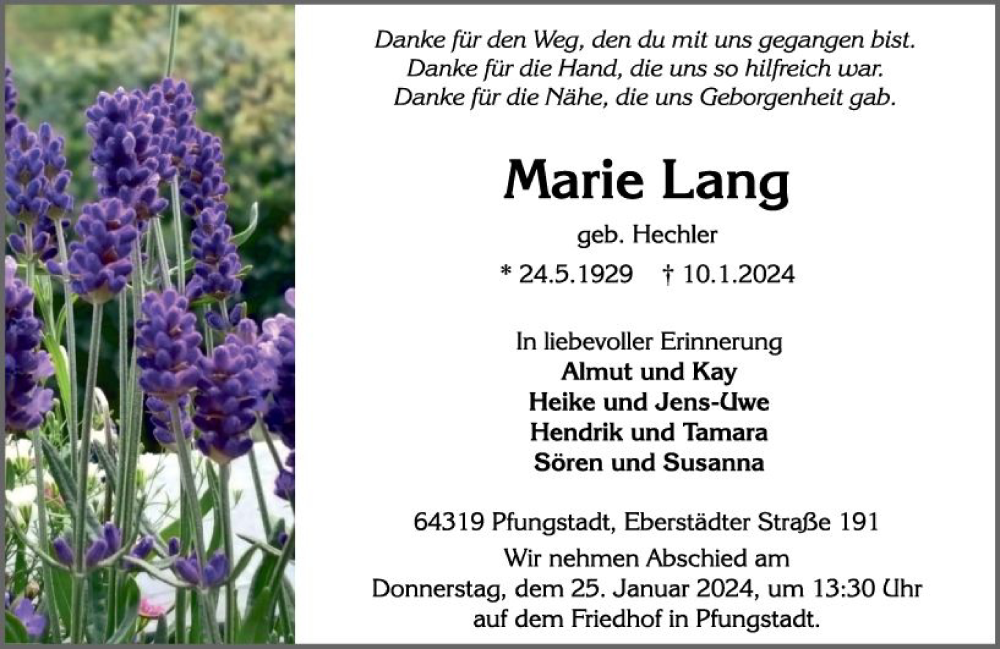  Traueranzeige für Marie Lang vom 20.01.2024 aus Darmstädter Echo