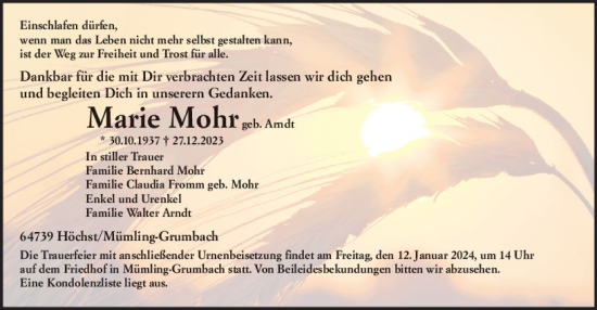 Traueranzeige von Marie Mohr von Odenwälder Echo