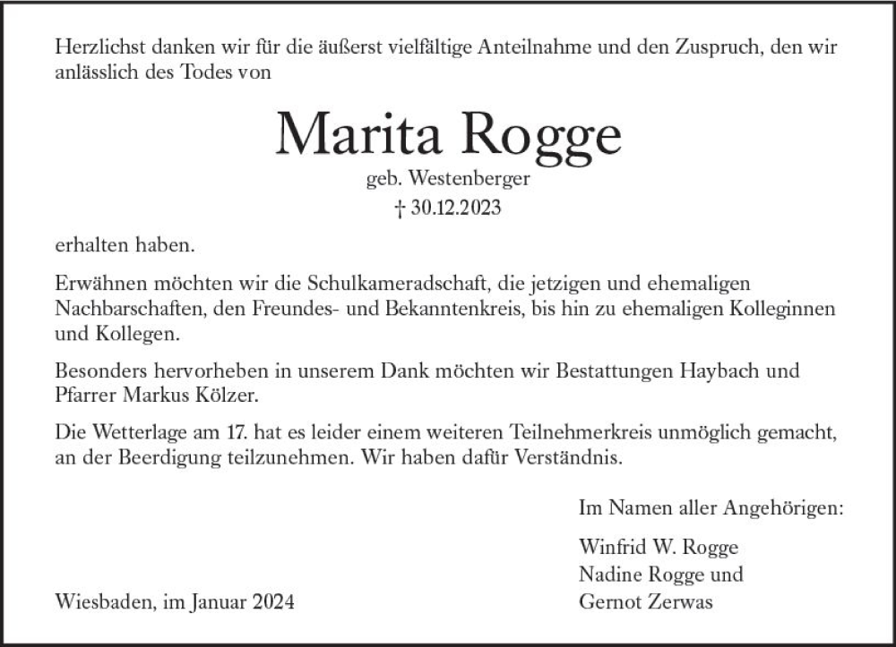  Traueranzeige für Marita Rogge vom 27.01.2024 aus Wiesbadener Kurier