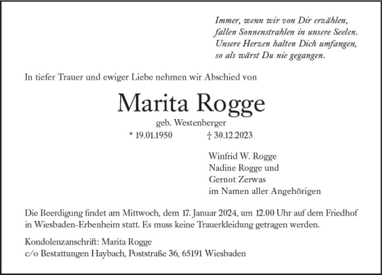 Traueranzeige von Marita Rogge von Wiesbadener Kurier