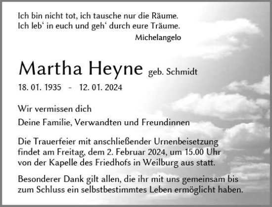 Traueranzeige von Martha Heyne von Weilburger Tageblatt