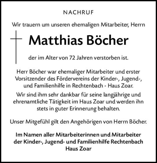 Traueranzeige von Matthias Böcher von Wetzlarer Neue Zeitung