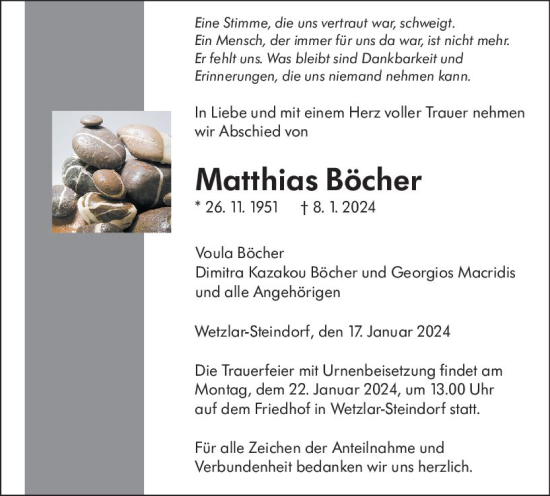 Traueranzeige von Matthias Böcher von Wetzlarer Neue Zeitung