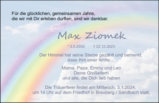Traueranzeige von Max Elio Ziomek von Odenwälder Echo