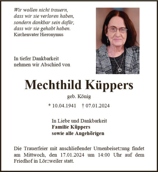 Traueranzeige von Mechthild Küppers von Allgemeine Zeitung Mainz