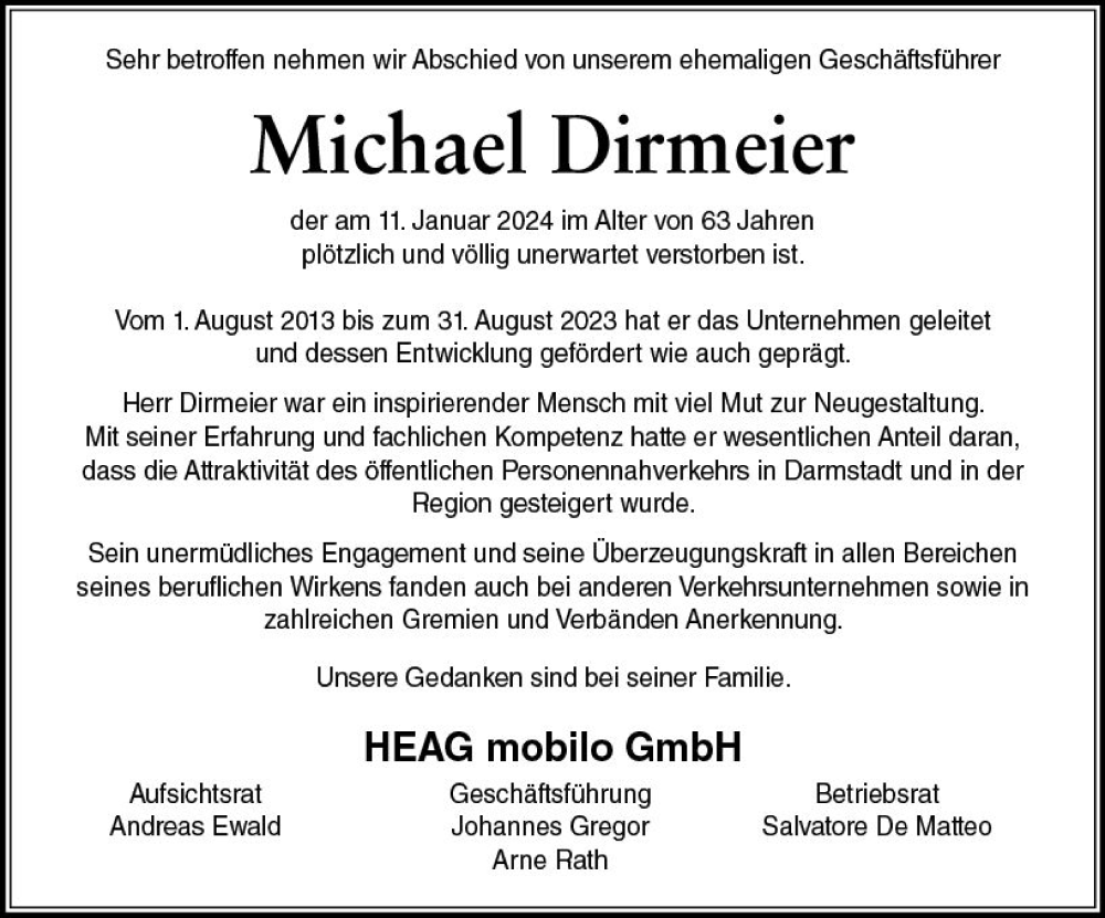  Traueranzeige für Michael Dirmeier vom 20.01.2024 aus Darmstädter Echo
