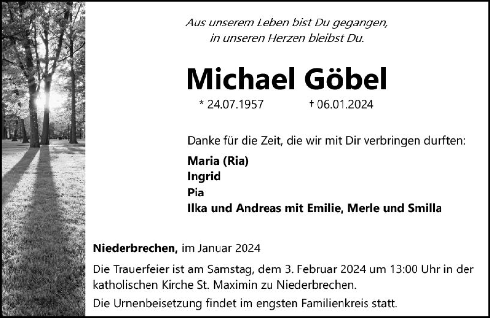  Traueranzeige für Michael Göbel vom 25.01.2024 aus Camberger Anzeiger