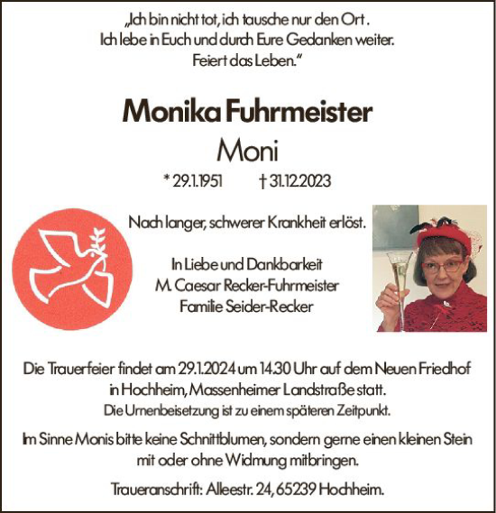 Traueranzeige von Monika Fuhrmeister von Allgemeine Zeitung Mainz