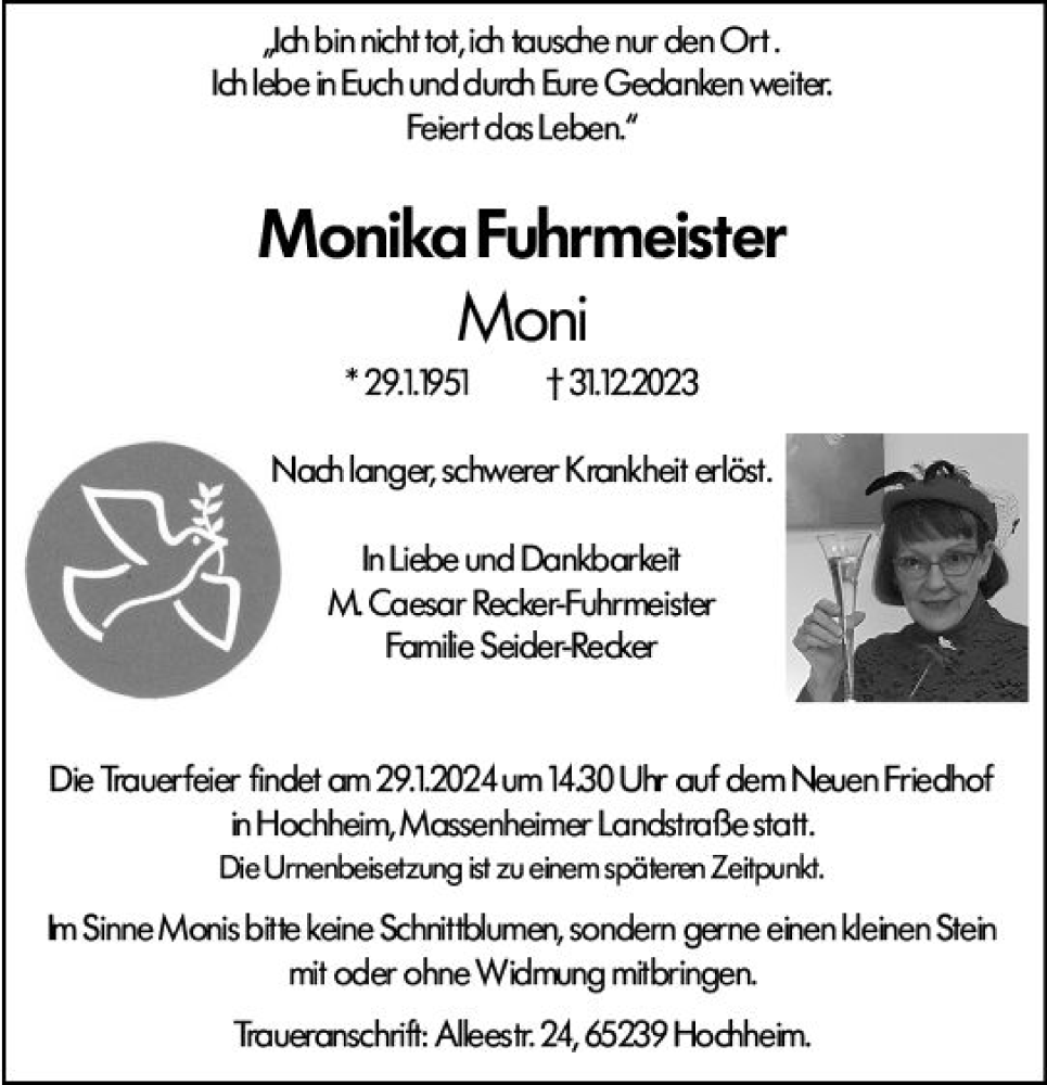  Traueranzeige für Monika Fuhrmeister vom 12.01.2024 aus Hochheimer Zeitung