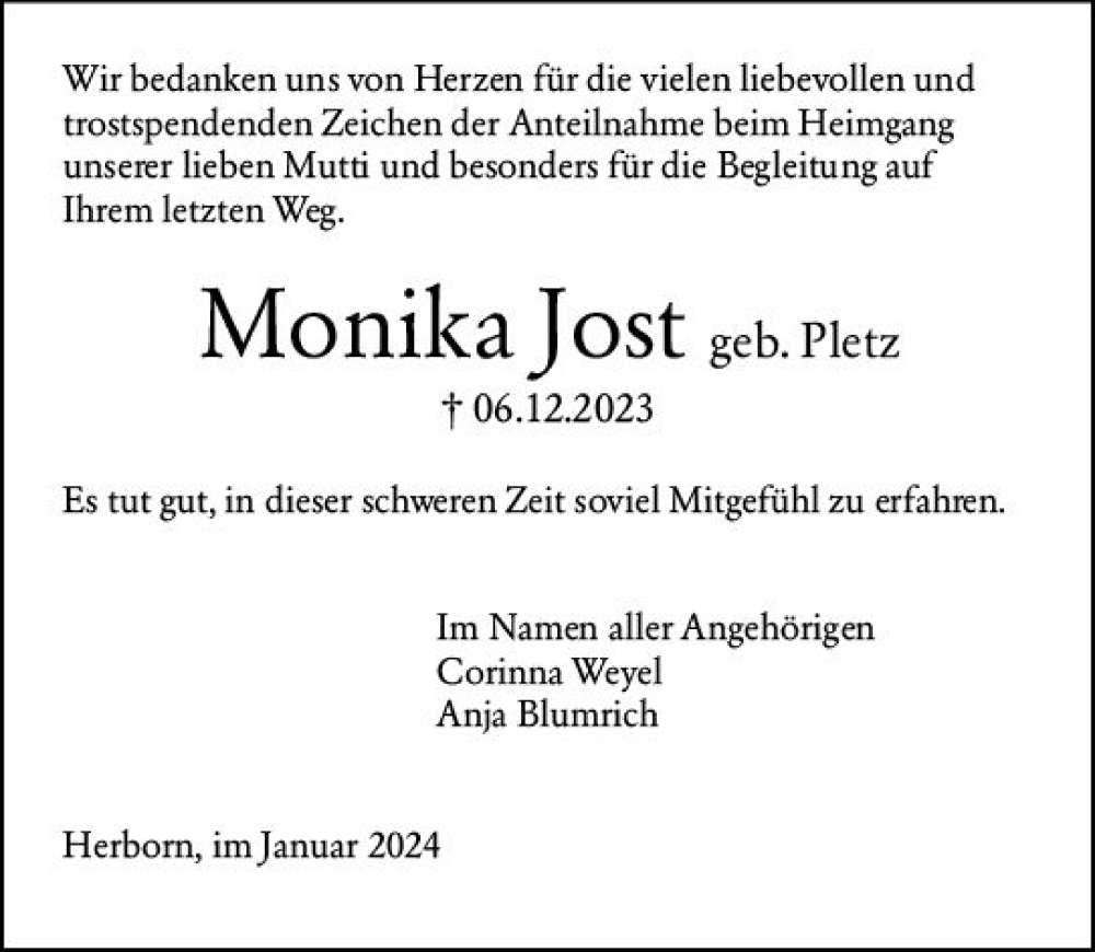  Traueranzeige für Monika Jost vom 27.01.2024 aus Dill Block