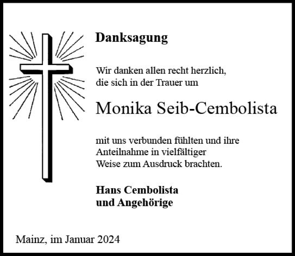  Traueranzeige für Monika Seib-Cembolista vom 20.01.2024 aus Allgemeine Zeitung Mainz