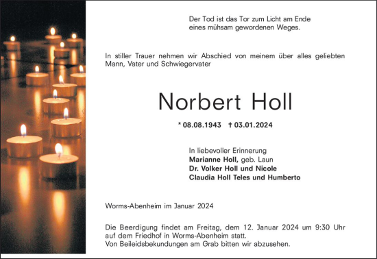 Traueranzeige von Norbert Holl von Wormser Zeitung