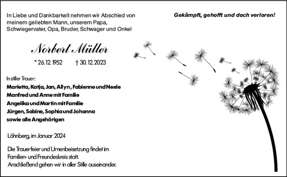  Traueranzeige für Norbert Müller vom 12.01.2024 aus Weilburger Tageblatt