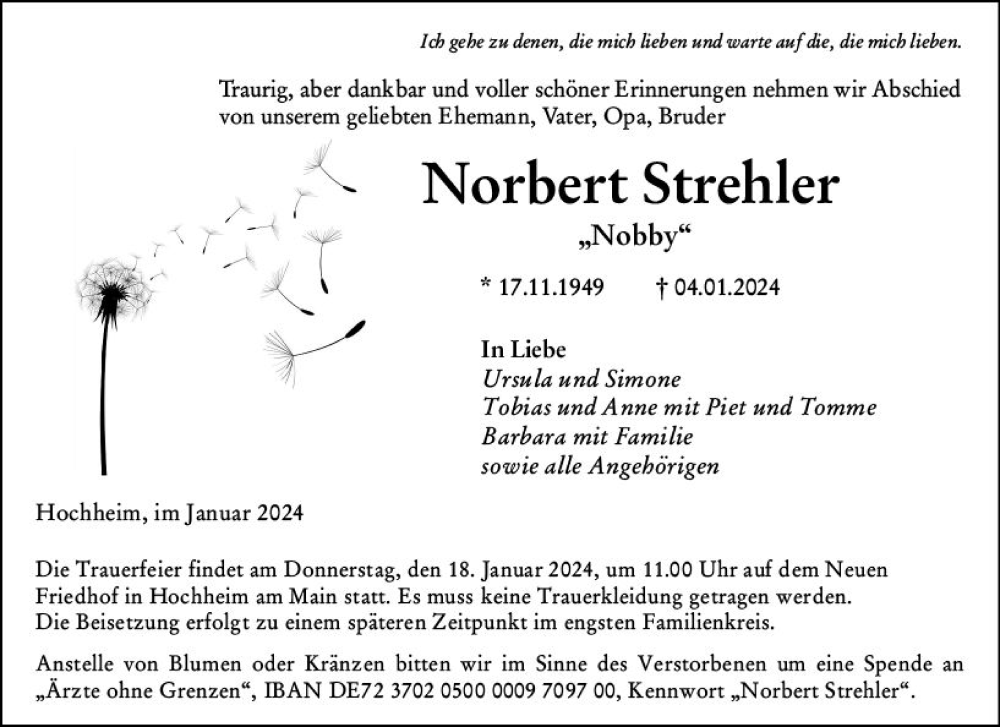  Traueranzeige für Norbert Strehler vom 12.01.2024 aus Hochheimer Zeitung