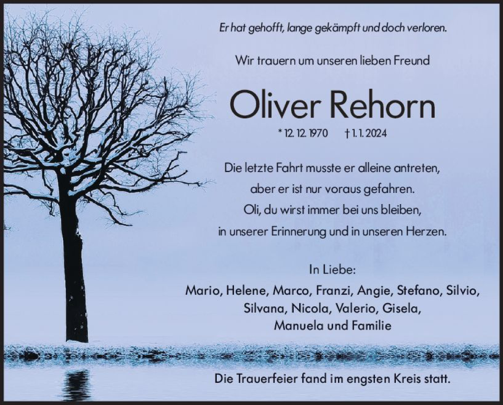  Traueranzeige für Oliver Rehorn vom 08.01.2024 aus Wetzlarer Neue Zeitung