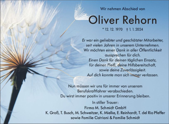 Traueranzeige von Oliver Rehorn von Wetzlarer Neue Zeitung