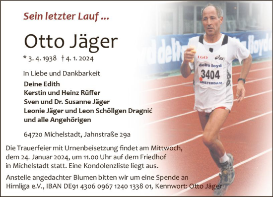 Traueranzeige von Otto Jäger von Odenwälder Echo