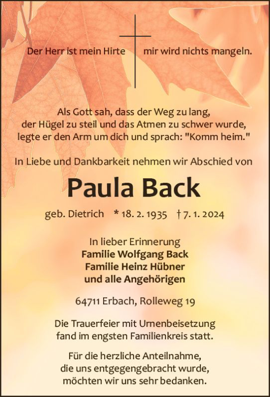 Traueranzeige von Paula Back von Odenwälder Echo
