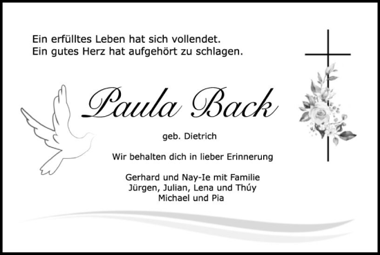 Traueranzeige von Paula Back von Odenwälder Echo