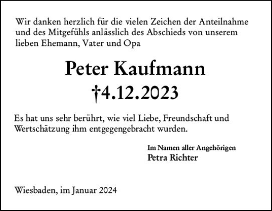 Traueranzeige von Peter Kaufmann von Wiesbadener Kurier