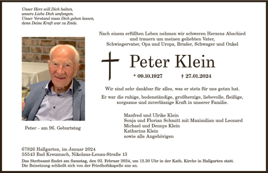 Traueranzeige von Peter Klein von Allgemeine Zeitung Bad Kreuznach