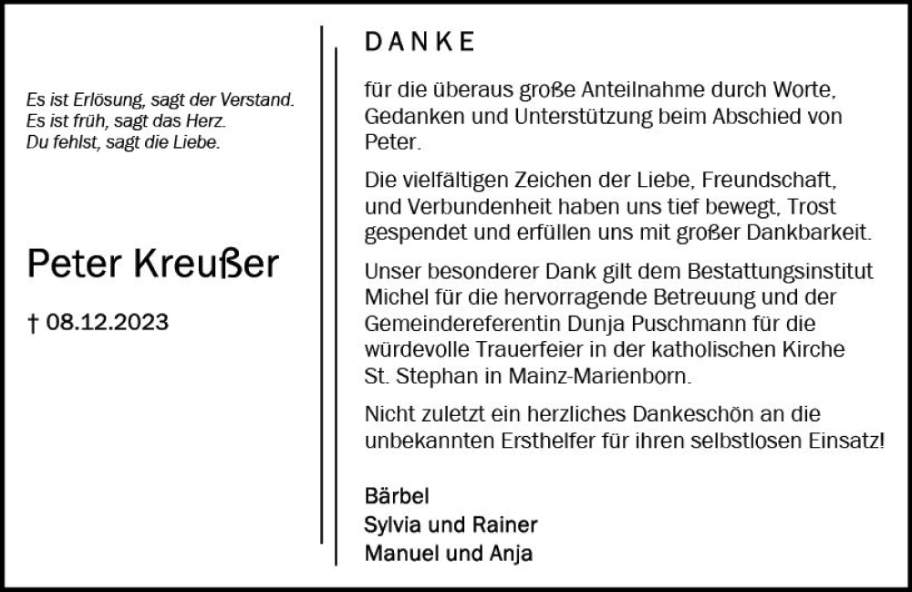  Traueranzeige für Peter Kreußer vom 06.01.2024 aus Allgemeine Zeitung Mainz