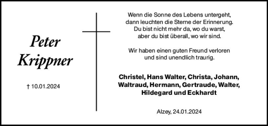 Traueranzeige von Peter Krippner von Allgemeine Zeitung Alzey